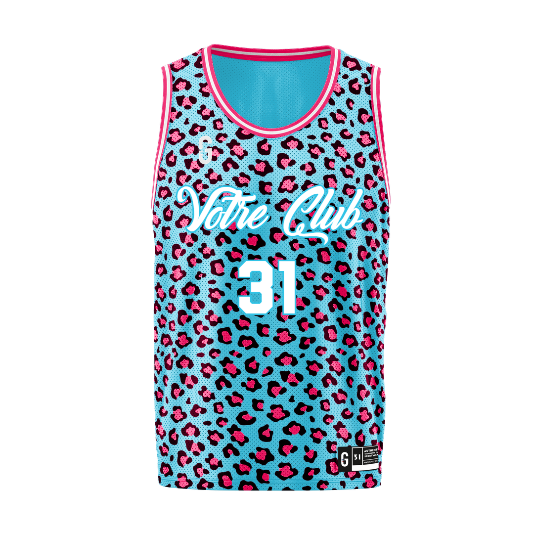 Maillot personnalisé modèle Léopard - design imprimé léopard bleu et rose