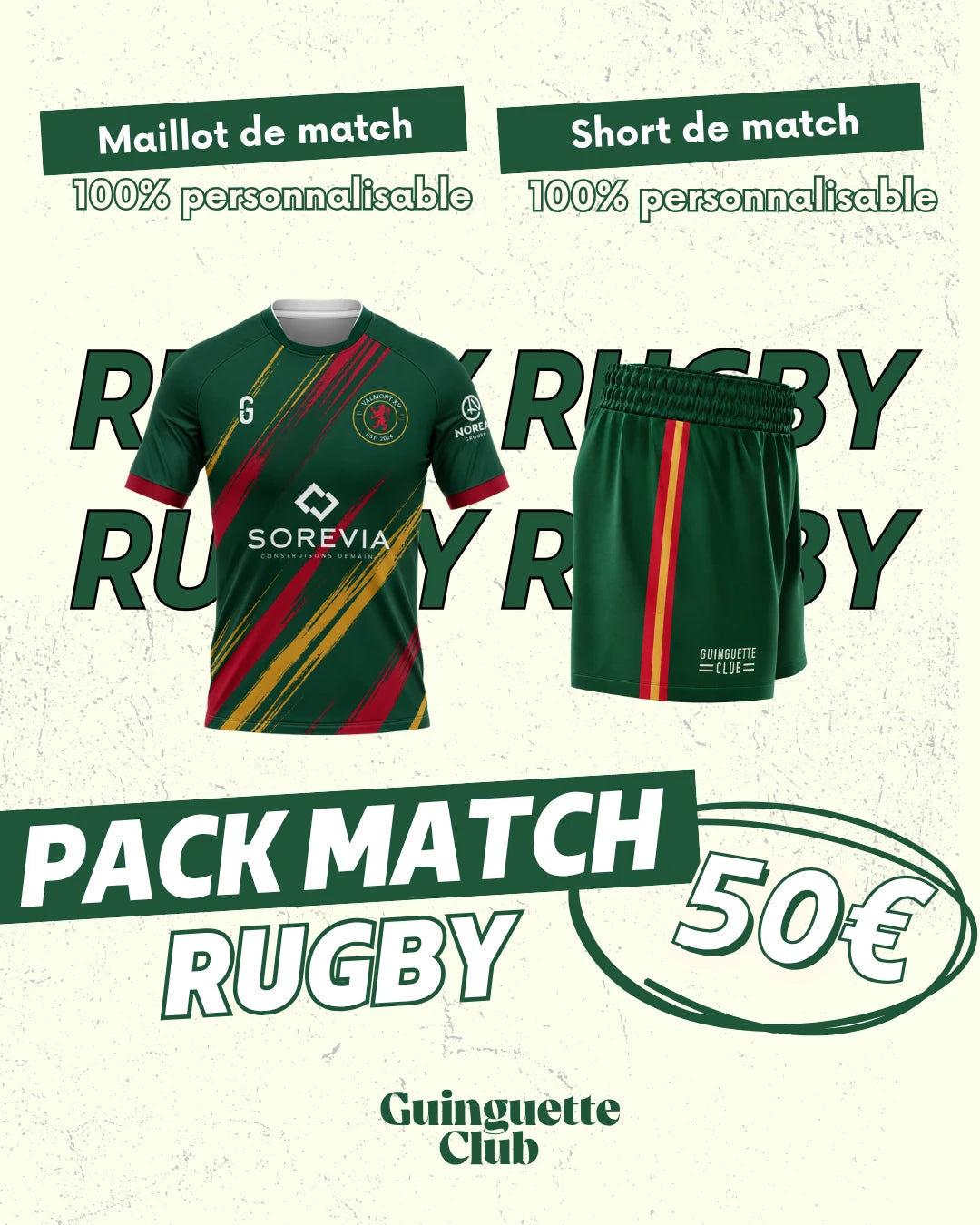 Pack Match Rugby : maillot de match et short de match personnalisables, 50 € le pack